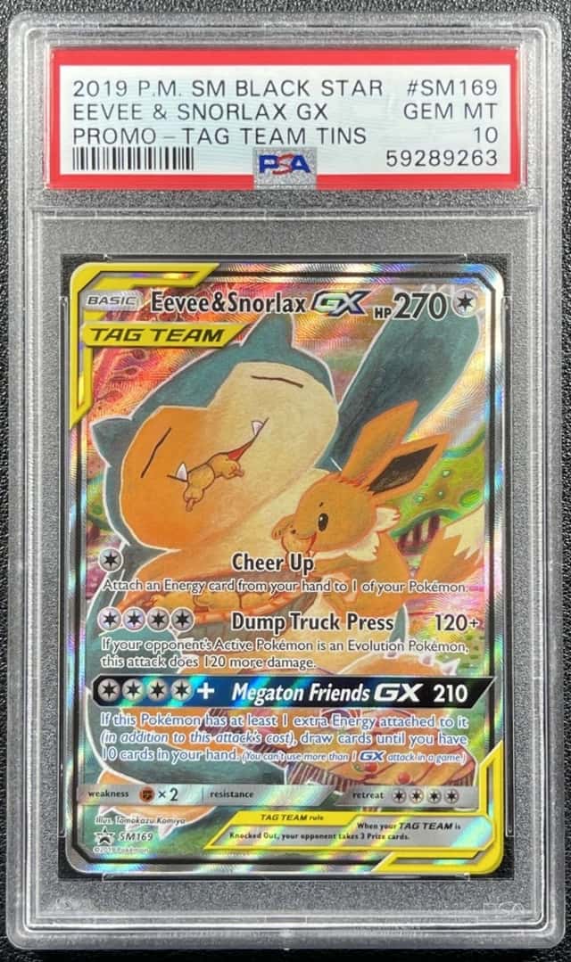 EEVEE & SNORLAX GX PSA 10 TAG TEAM 2019 POKEMON SM #SM169 BLACK STAR PROMO 9263