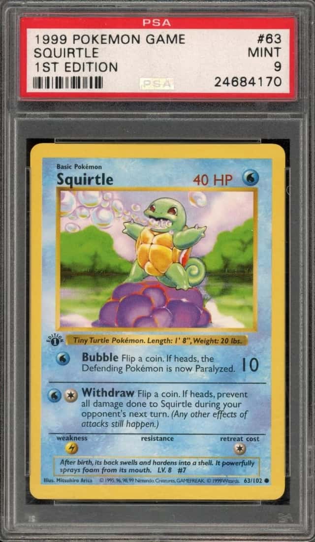 Pokemon Squirtle 63/102 Base Set Shadowless 1st Edition PSA 9 Mint