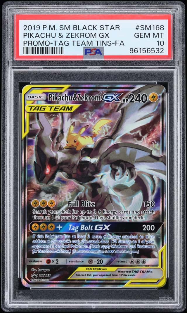 2019 Pokemon Sun & Moon Promo Tag Team Tins Alt Art Pikachu & Zekrom GX #SM168 PSA 10 GEM MINT
