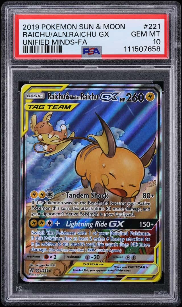 2019 Pokemon Sun & Moon Unified Minds Alt Art Raichu & Alolan Raichu GX #221 PSA 10 GEM MINT