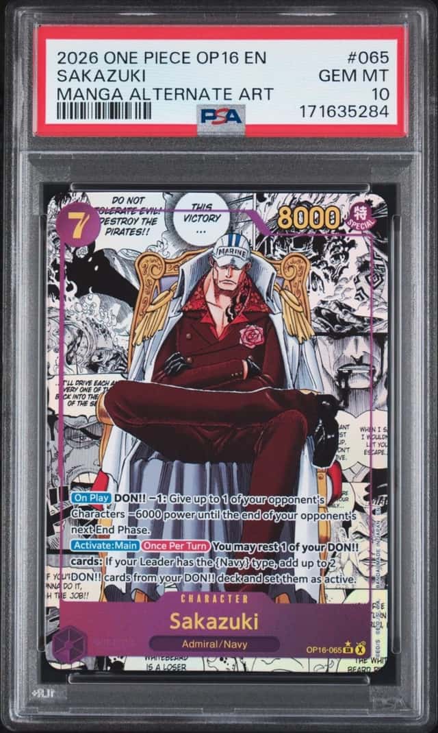 2026 ONE PIECE OP16-THE TIME OF BATTLE MANGA ALTERNATE ART #065 SAKAZUKI PSA 10