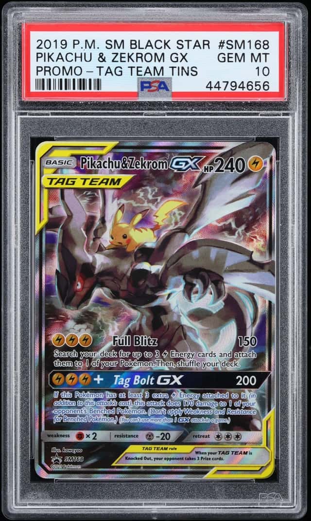 2019 Pokemon Sun & Moon Promo Tag Team Tins Alt Art Pikachu & Zekrom GX #SM168 PSA 10 GEM MINT