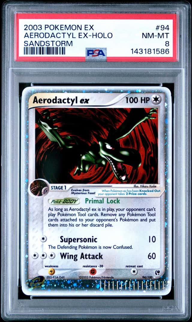 2003 Pokemon TCG Aerodactyl ex 94/100 EX Sandstorm Holo Ultra Rare PSA 8