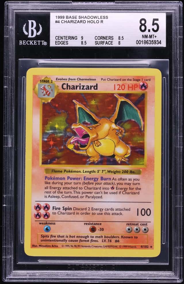 1999 Pokemon Base Set Shadowless Holo Charizard #4 BGS 8.5 NM-MT+