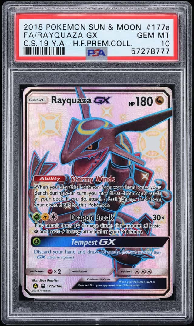 2018 Pokemon  Sun & Moon Celestial Storm Hidden Fates Premium Shiny Rayquaza GX #177a PSA 10