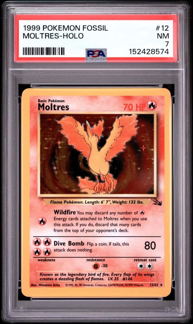 🚀 Moltres PSA 7 12/62 Fossil Holo Vintage Pokémon Card 1999 Rare Graded 🚀