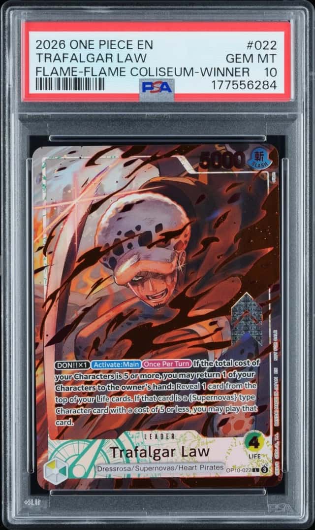 2026 ONE PIECE PROMOS FLAME-FLAME FRUIT COLISEUM-WINNER TRAFALGAR LAW PSA 10