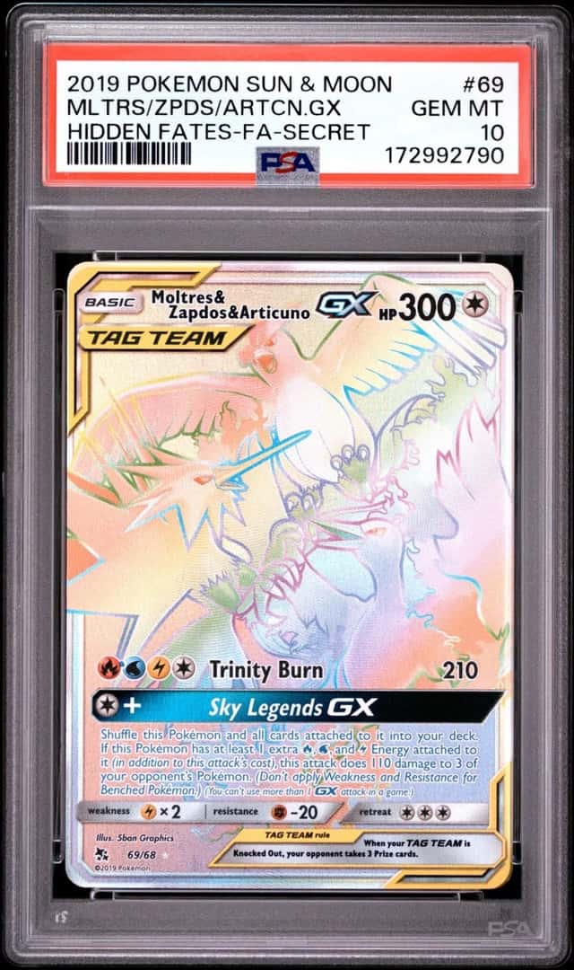 2019 POKEMON SUN & MOON HIDDEN FATES FA/MOLTRES & ZAPDOS & ARTICUNO GX PSA 10