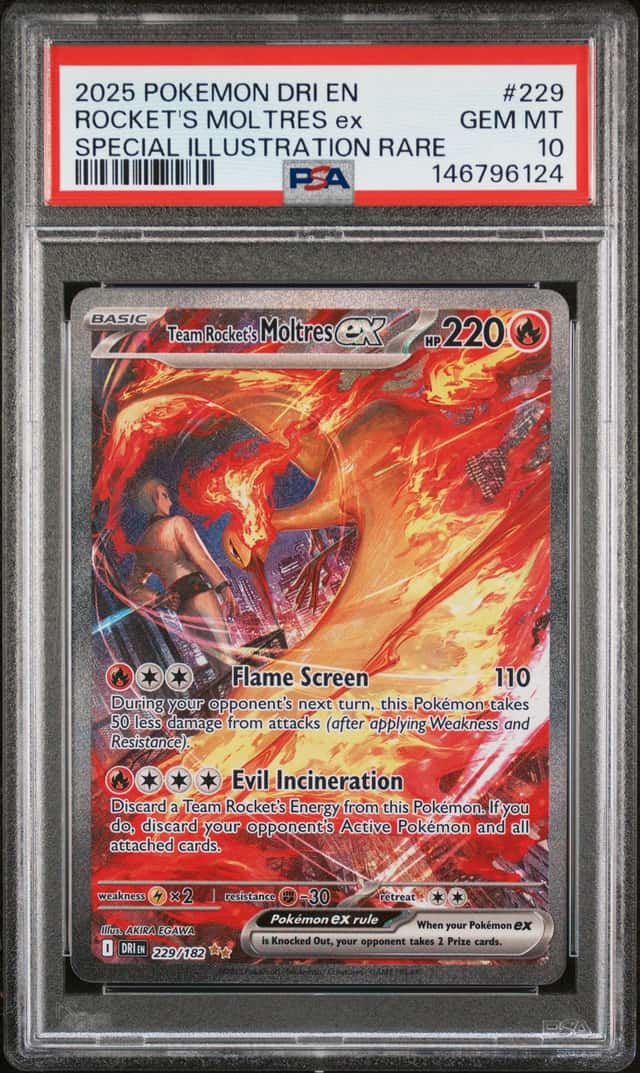 TEAM ROCKETS MOLTRES EX 2025 POKEMON DESTINED RIVALS 229/182 SIR PSA 10 Q3963-5