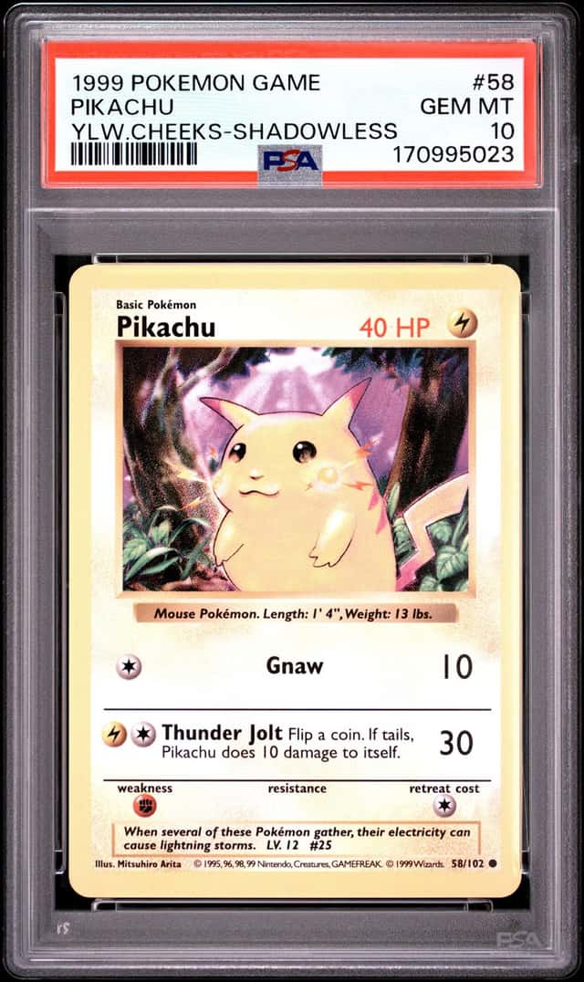 1999 POKEMON BASE SET YELLOW CHEEKS-SHADOWLESS #58 PIKACHU PSA 10