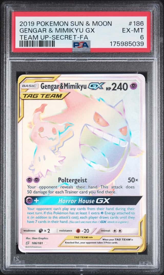 2019 POKEMON SUN & MOON TEAM UP SECRET #186 FULL ART/GENGAR & MIMIKYU GX PSA 6