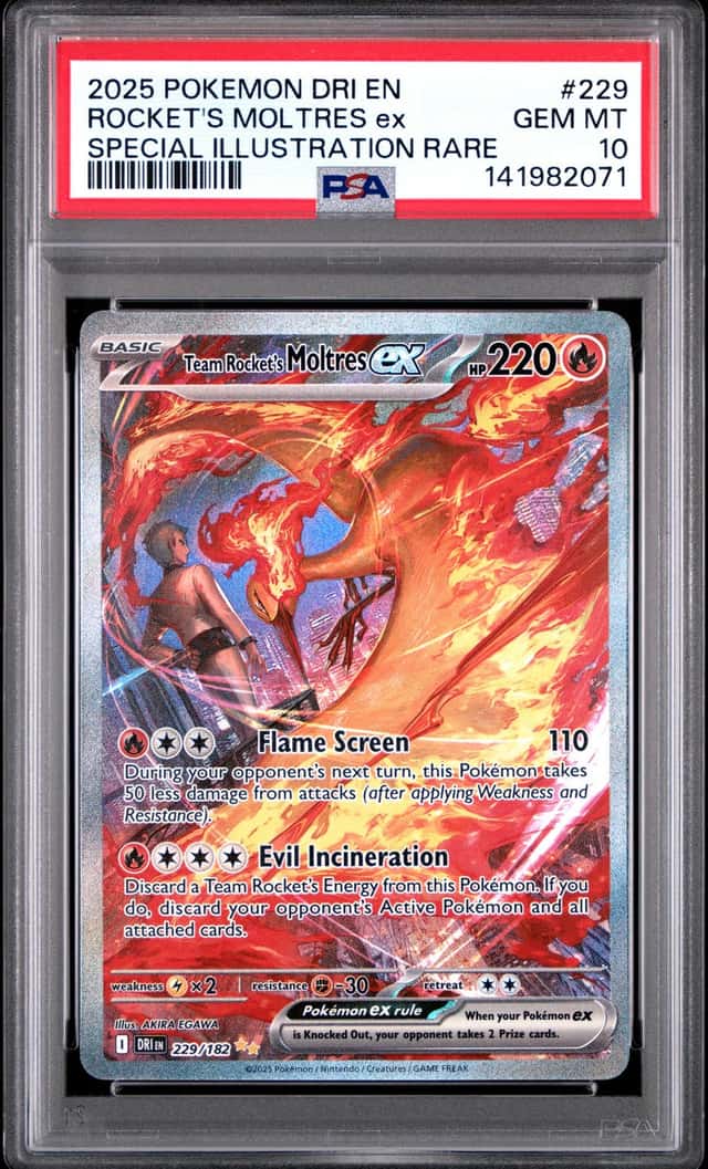 TEAM ROCKETS MOLTRES EX 2025 POKEMON DESTINED RIVALS 229/182 SIR PSA 10 Q3963-7