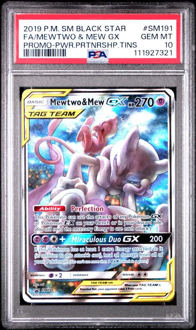 2019 Pokemon SM BSP Power Partnership Tins #SM191 FA Mewtwo & Mew GX PSA 10