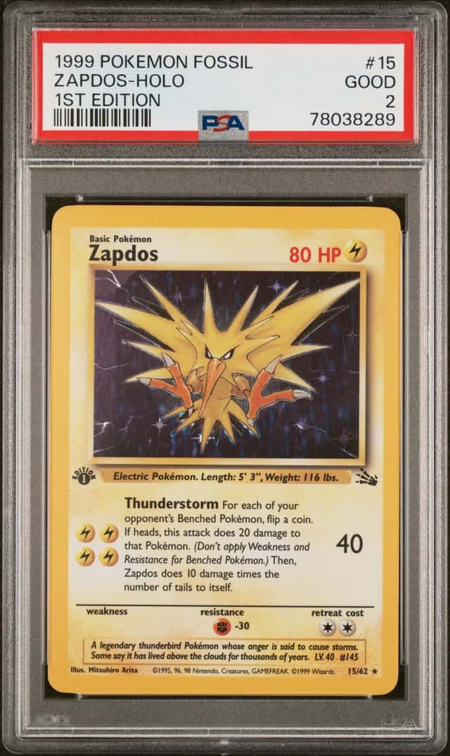 1999 POKEMON FOSSIL 1ST EDITION ZAPDOS HOLO 15/62 PSA 2 GOOD