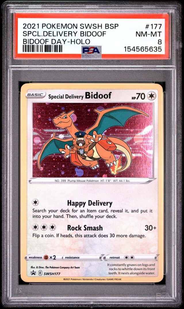 2021 Pokémon SWSH BSP Special Delivery Bidoof Day Holo #177 PSA 8 