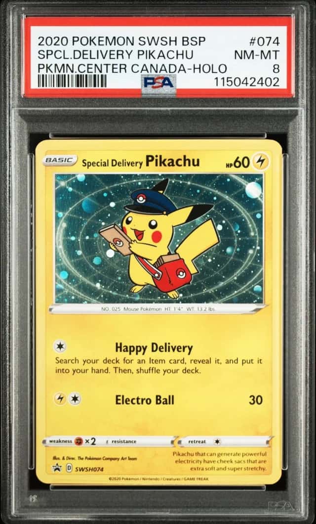 Pokemon Special Delivery Pikachu Holo Swsh Promo 074 PM Center Canada PSA 8