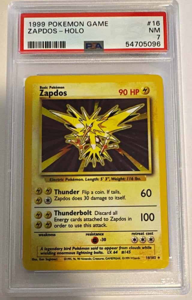 1999 Nintendo Pokémon TCG Zapdos 16/102 Base Set Holo Rare Eng PSA 7