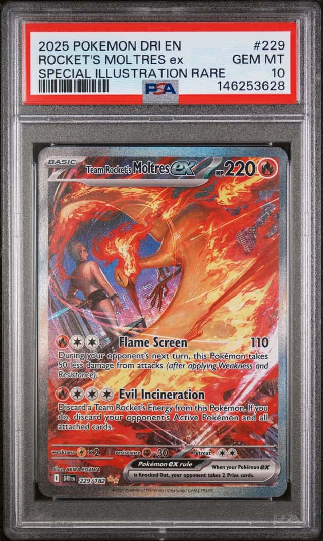 TEAM ROCKETS MOLTRES EX 2025 POKEMON DESTINED RIVALS 229/182 SIR PSA 10 Q3963-5