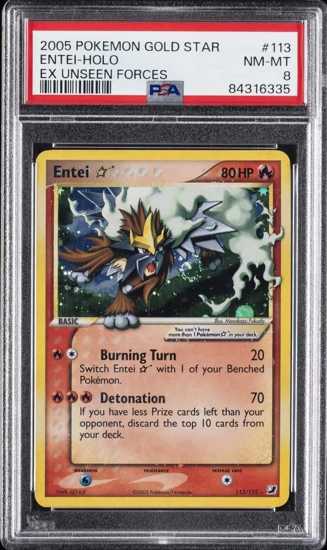 2005 POKEMON EX UNSEEN FORCES GOLD STAR #113 ENTEI-HOLO PSA 8