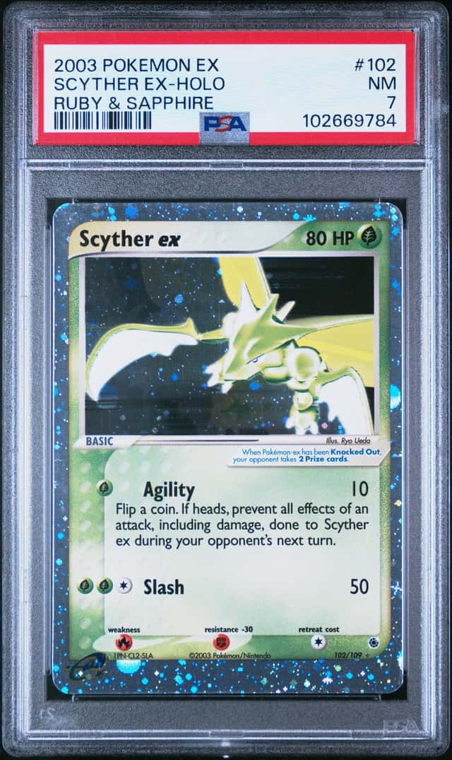2003 POKEMON EX RUBY & SAPPHIRE #102 SCYTHER EX-HOLO PSA 7