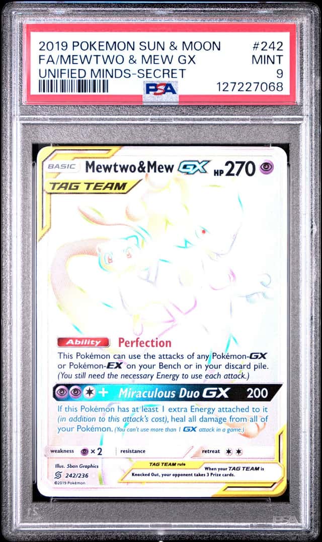 2019 POKEMON SUN & MOON #242 FA/MEWTWO & MEW GX UNIFIED MINDS-SECRET PSA 9