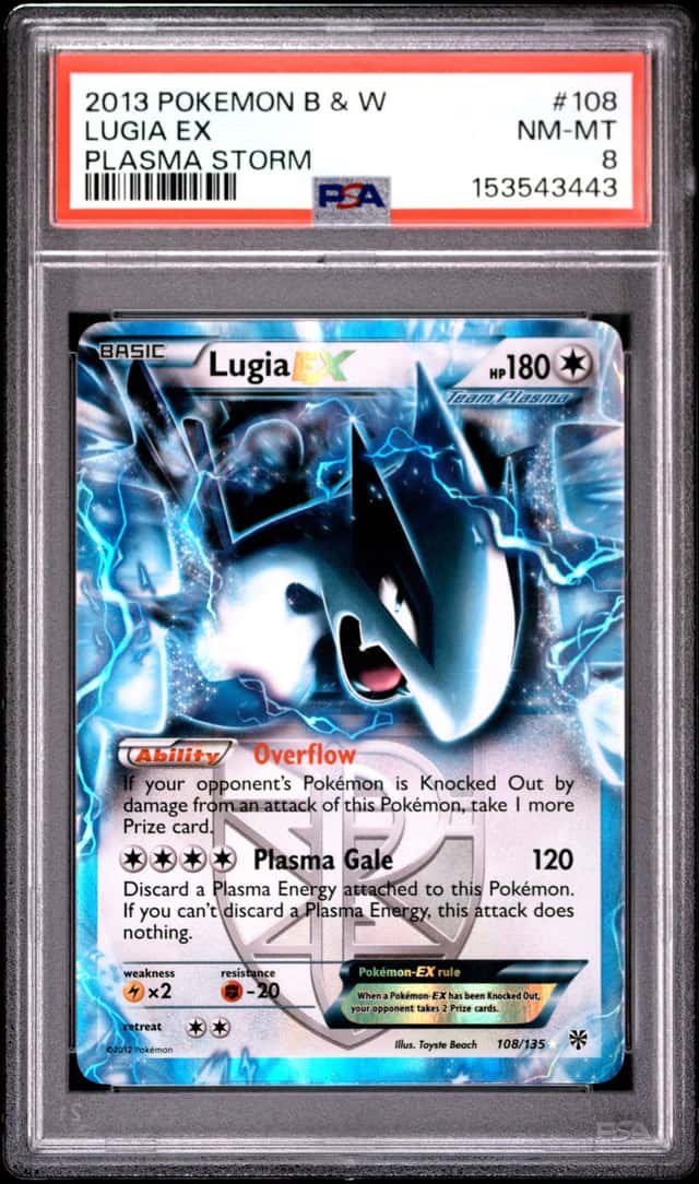 2013 POKEMON BLACK & WHITE PLASMA STORM #108 LUGIA EX PSA 8