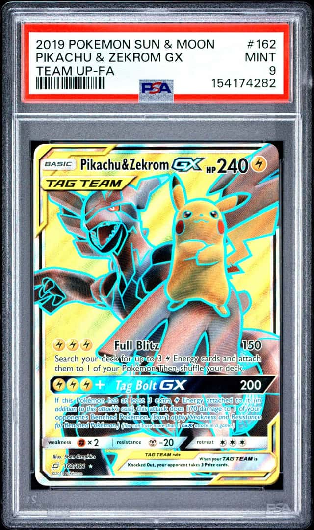 2019 POKEMON SUN & MOON TEAM UP #162 FULL ART/PIKACHU & ZEKROM GX PSA 9