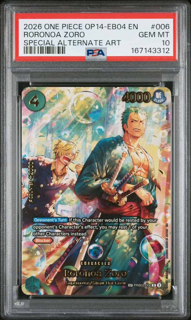 One Piece Roronoa Zoro Op14-Eb04 Azure Sea's Seven 006 Special Alt Art PSA 10