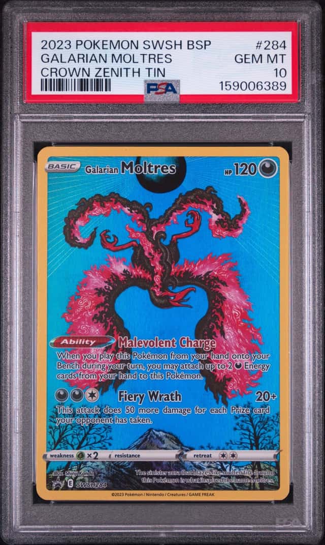 2023 POKEMON SWSH BLACK STAR PROMO CROWN ZENITH TIN #284 GALARIAN MOLTRES PSA 10