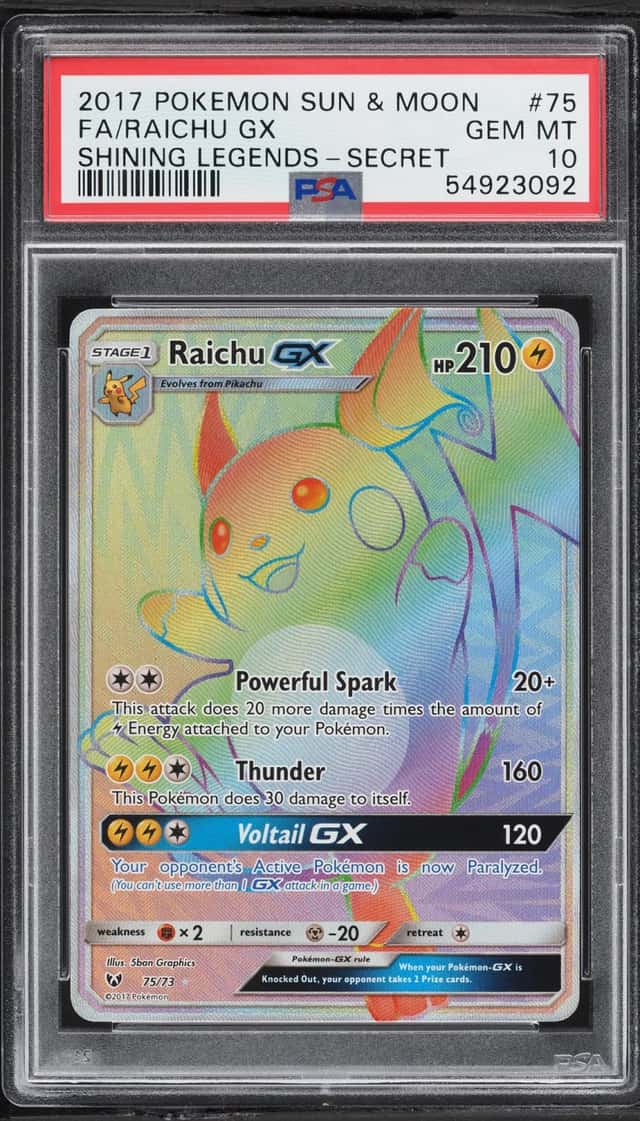 2017 Pokemon Sun & Moon Shining Legends Rainbow Rare Raichu GX #75 PSA 10 GEM MINT