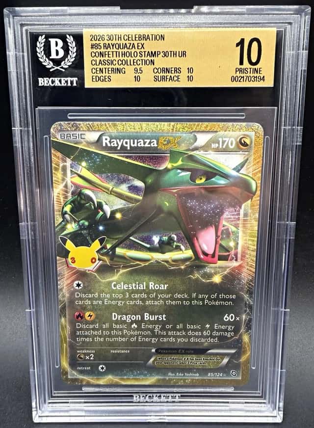 RAYQUAZA EX 85/124 2026 30TH CELEBRATION HOLO STAMPED BGS 10