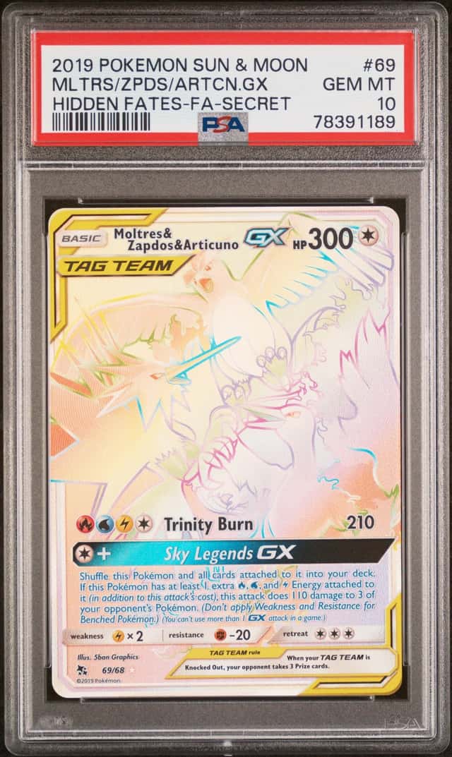 POKEMON SUN & MOON HIDDEN FATES FULL ART/MOLTRES ZAPDOS ARTICUNO 69 GX PSA 10