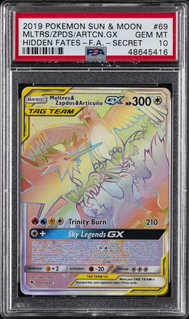 2019 POKEMON SUN & MOON HIDDEN FATES FA/MOLTRES & ZAPDOS & ARTICUNO GX PSA 10