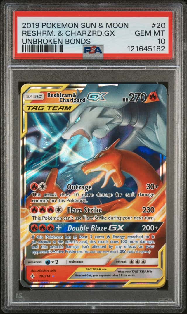 RESHIRAM & CHARIZARD GX POKEMON UNBROKEN BONDS 20/214 ULTRA RARE PSA 10 Q0895