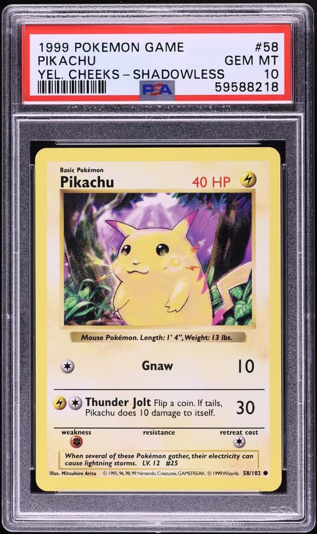 1999 Pokemon Base Set Shadowless Yellow Cheeks Pikachu #58 PSA 10 GEM MINT