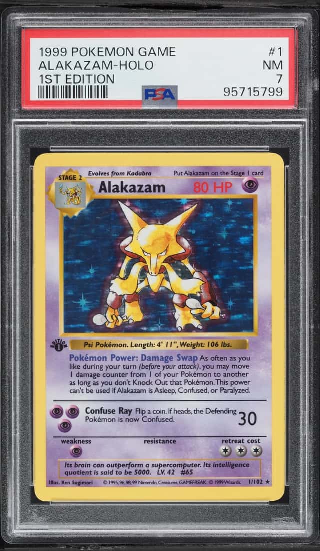 1999 Pokemon Base Set Shadowless Holo Alakazam #1 PSA 7 NRMT