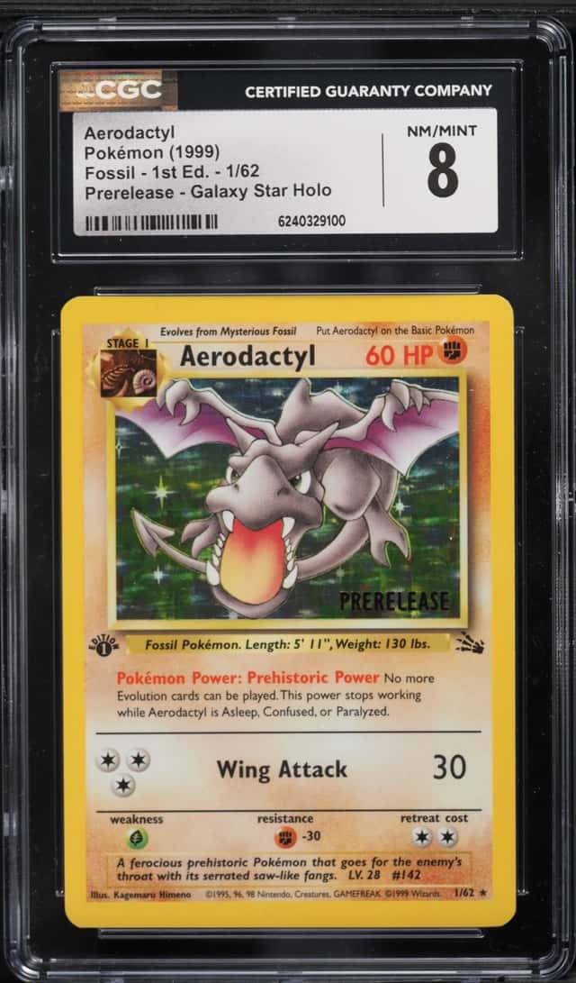 1999 Pokemon Fossil 1st Edition Prerelease Galaxy Star Holo Aerodactyl #1 CGC 8 NM-MT