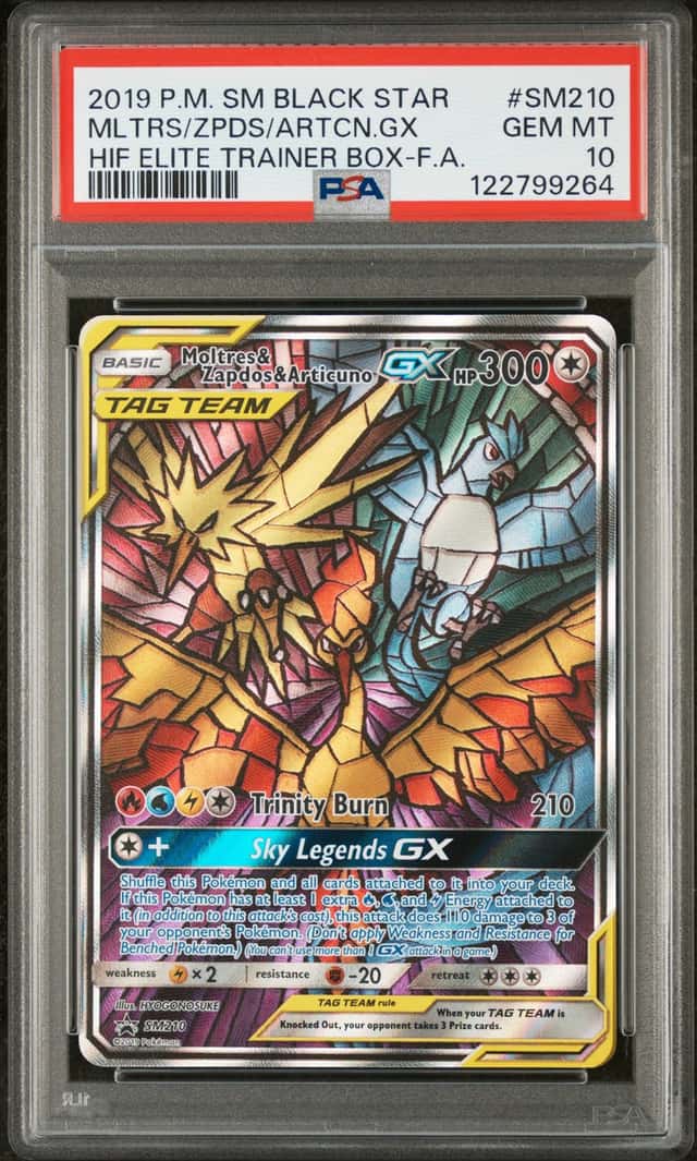 2019 Pokemon SM BSP HIF ETB #SM210 FA Moltres Zapdos Articuno GX PSA 10