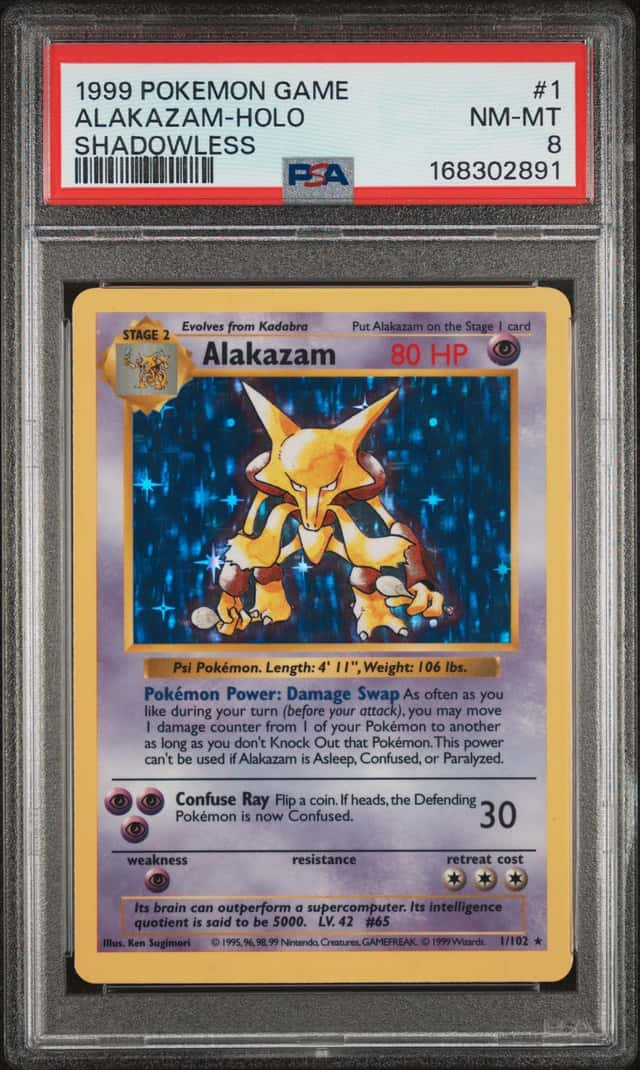 1999 POKEMON BASE SET SHADOWLESS #1 ALAKAZAM-HOLO PSA 8