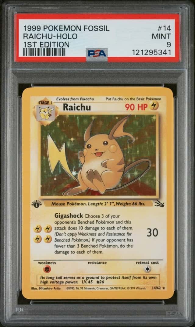 Pokemon Raichu Holo Fossil 14/62 1st Edition PSA 9 Mint