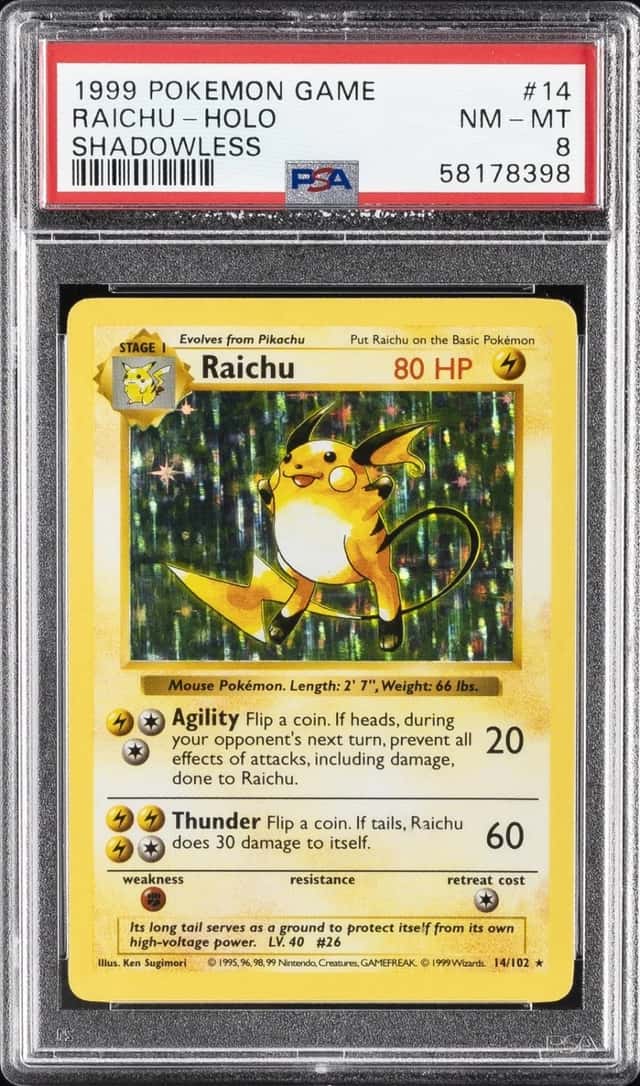 1999 POKEMON BASE SET SHADOWLESS #14 RAICHU-HOLO PSA 8