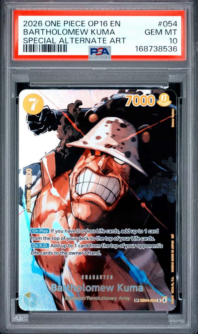 2026 ONE PIECE THE TIME OF BATTLE SPECIAL ALT ART BARTHOLOMEW KUMA PSA 10