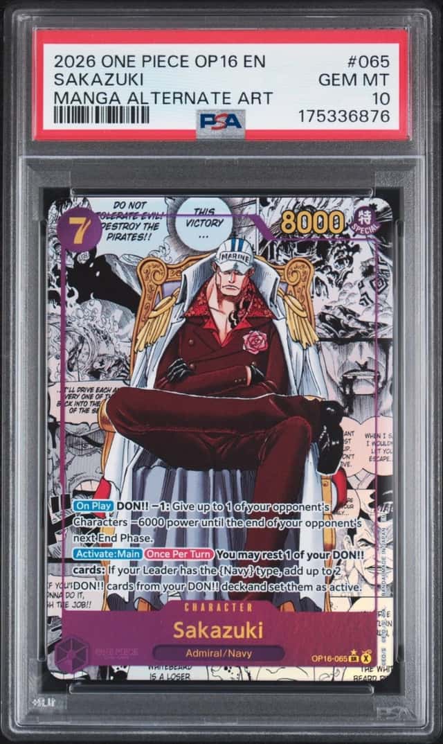 2026 ONE PIECE OP16-THE TIME OF BATTLE MANGA ALTERNATE ART #065 SAKAZUKI PSA 10