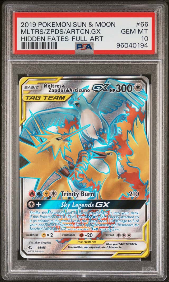 Moltres & Zapdos & Articuno GX (Full Art) 66/68 Hidden Fates Holo PSA 10 Pokemon
