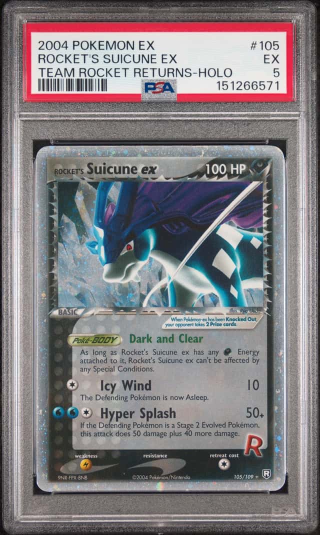 2004 POKEMON EX TEAM ROCKET RETURNS #105 ROCKET'S SUICUNE EX HOLO PSA 5