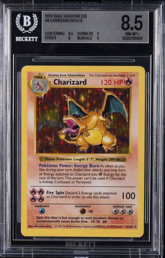 1999 POKEMON BASE SET SHADOWLESS #4 CHARIZARD BGS 8.5