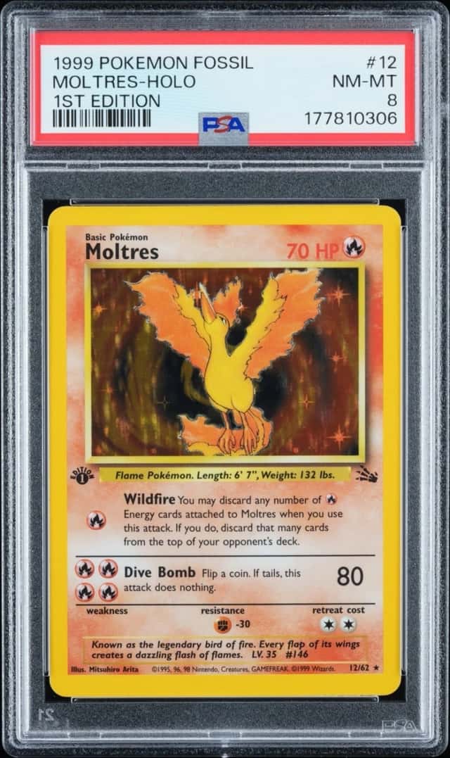1999 Pokemon Moltres 12/62 Fossil Holo 1st Edition - PSA 8