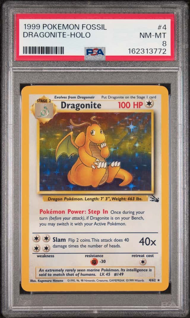 1999 POKEMON FOSSIL #4 DRAGONITE-HOLO PSA 8
