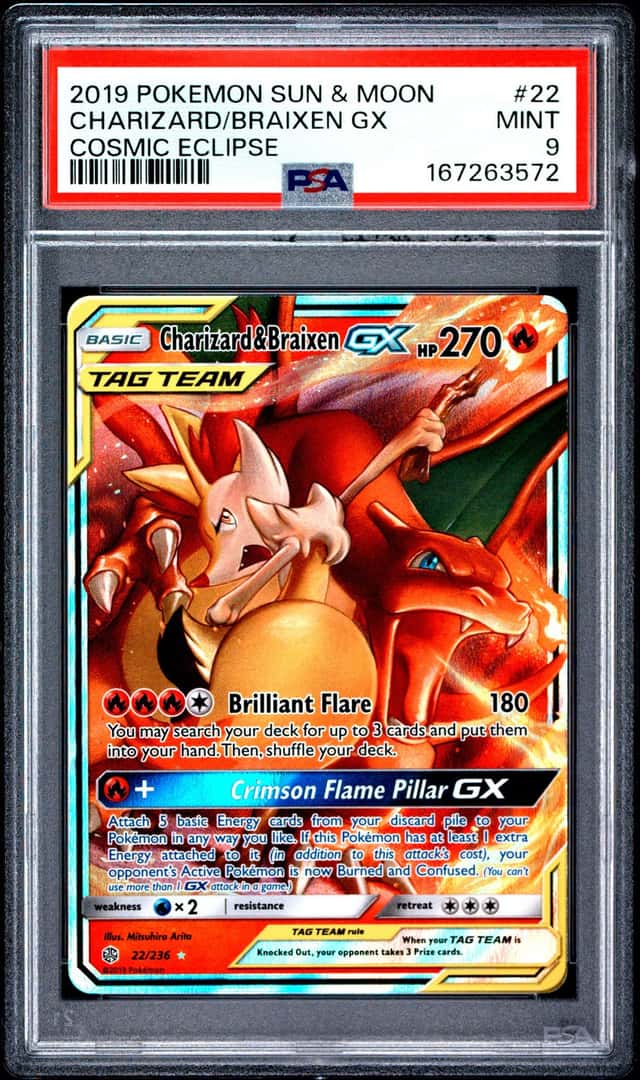 2019 POKEMON SUN & MOON COSMIC ECLIPSE #22 CHARIZARD & BRAIXEN GX PSA 9