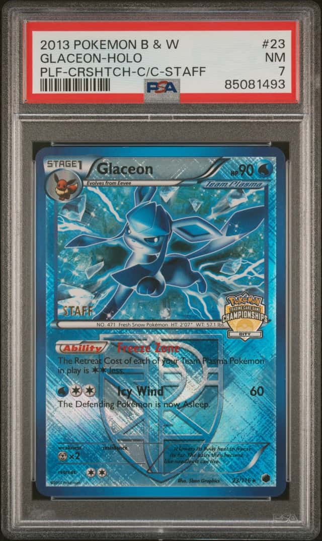 Pokemon Glaceon Holo Plasma Freeze 23 Crosshatch-2013 City Champs. Staff PSA 7